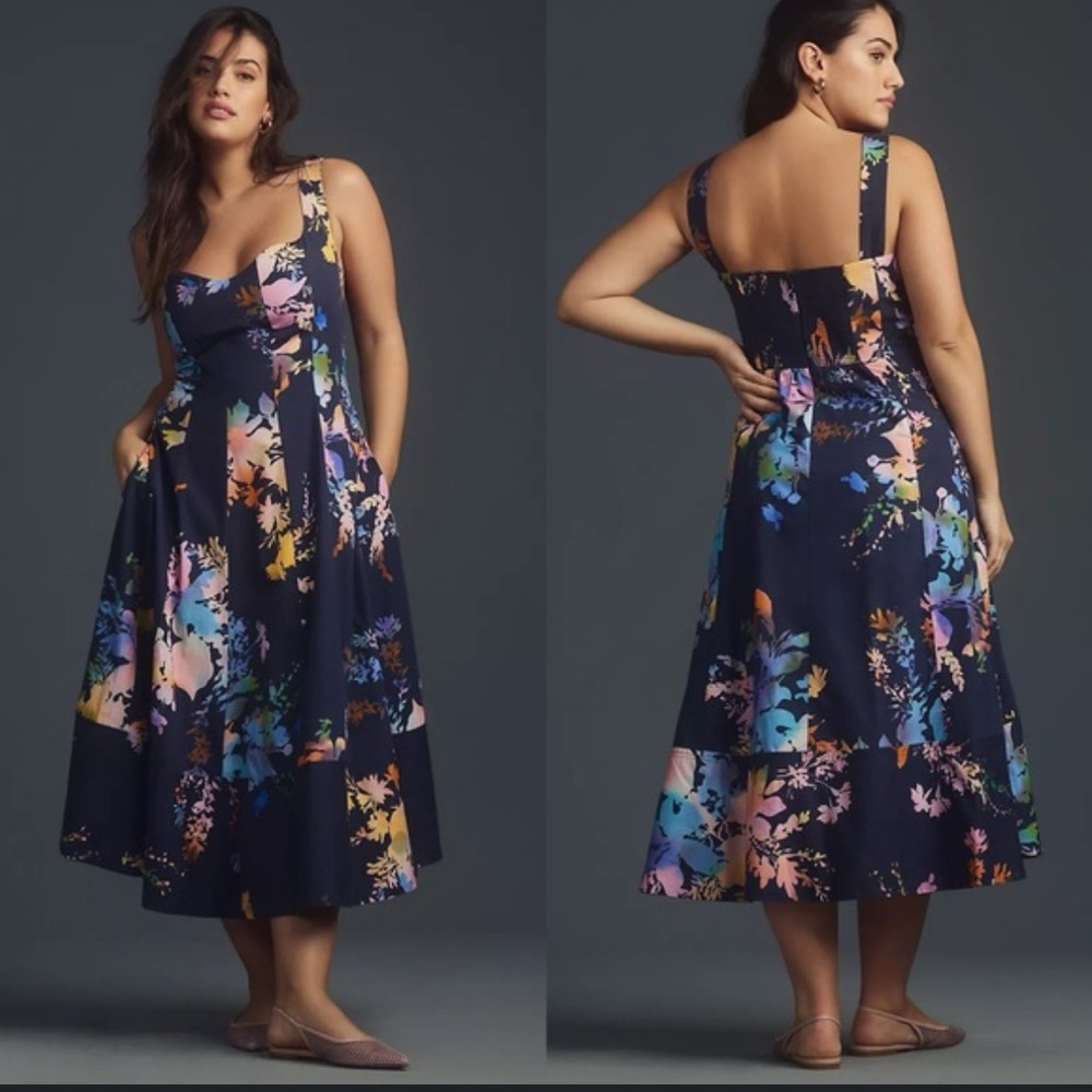 Anthropologie Floral Midi Dress - Navy and Multicolor